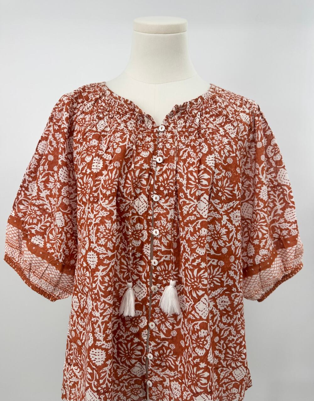 Cleobella Adele Blouse Terracotta Blockprint Puff Sleeve Top Smocked Boho L